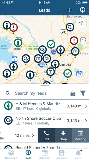 Leads list with map view screen